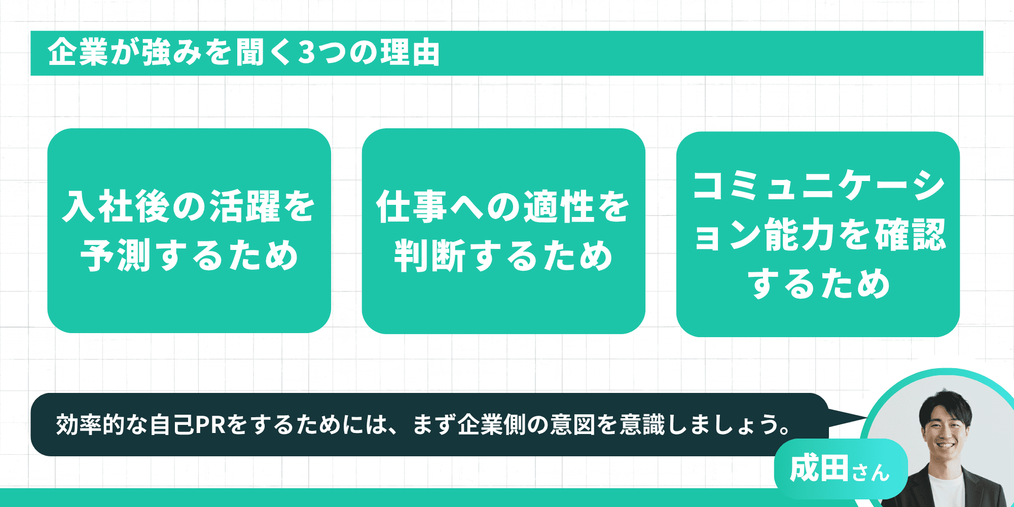 企業が強みを聞く3つの理由 — 入社後の活躍を予測・仕事への適性を判断・コミュニケーション能力を確認