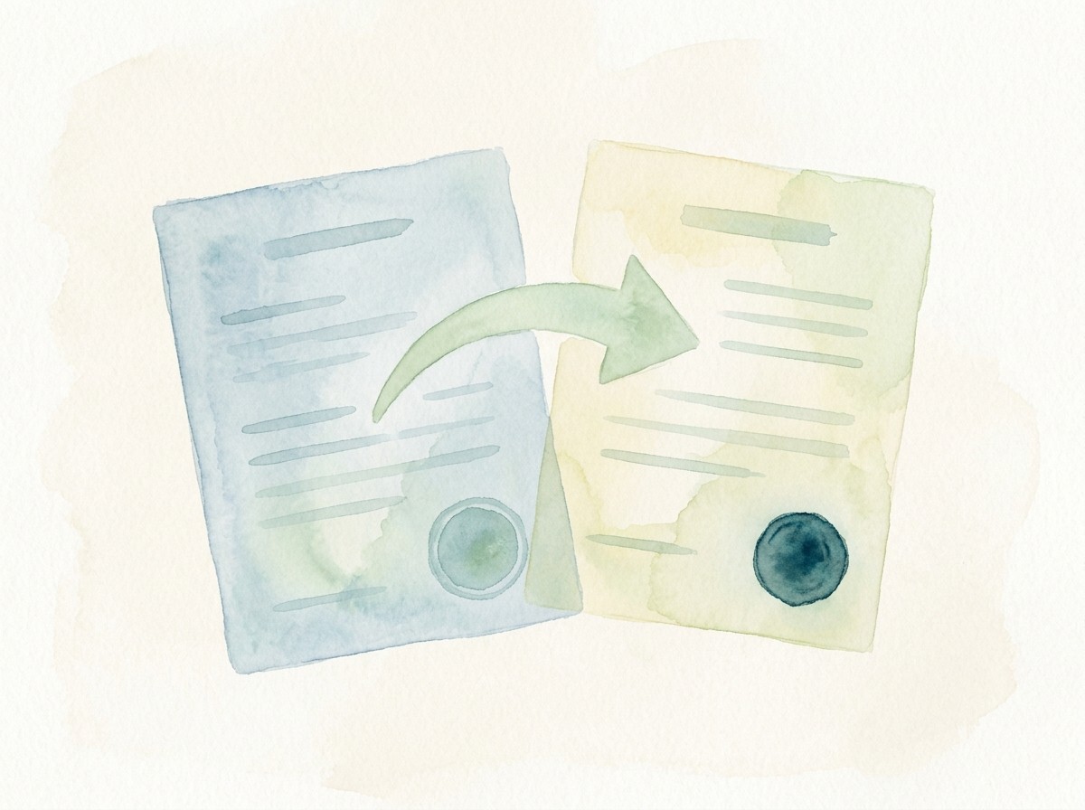 Watercolour of two sealed documents with an arrow curving from the first to the second, suggesting a change of name on record.