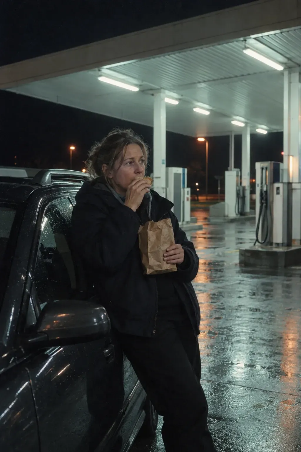 A taxi driver in her forties leaning on her car at a closed petrol station in the rain, eating from a paper bag under the fluorescent canopy.