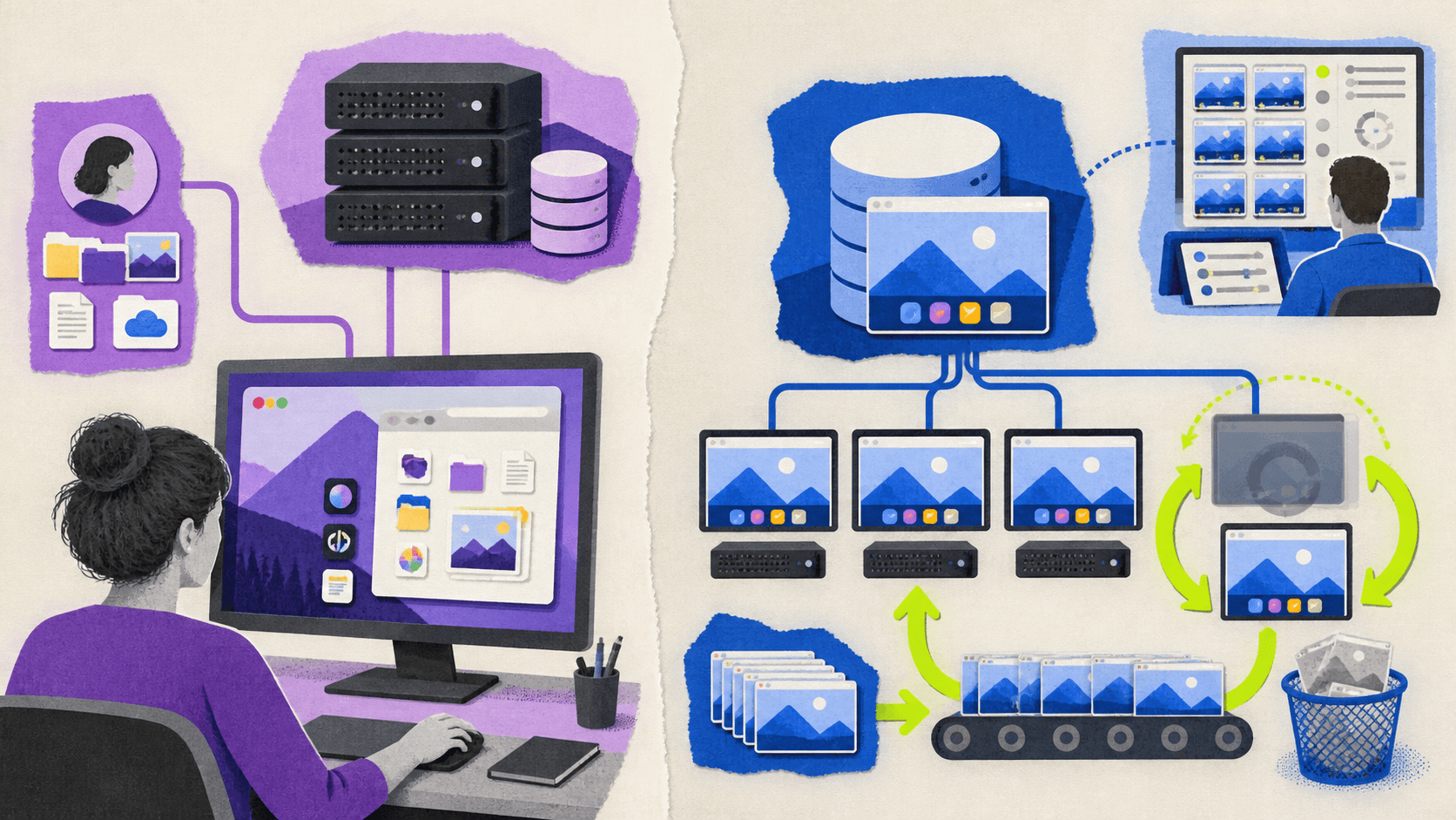 A comparison of a dedicated persistent VDI desktop and a non-persistent desktop pool refreshed from a shared golden image.
