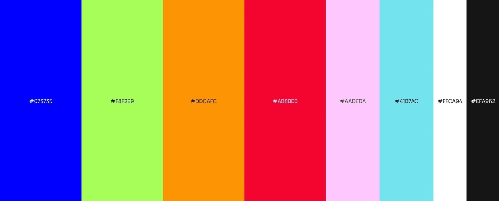 Palette de couleurs digitale composée de huit échantillons de teintes vives et modernes, affichant leur code hexadécimal. Les couleurs, de gauche à droite, sont : Bleu roi (#073735), Vert citron (#F8F2E9), Orange vif (#DDCAFC), Rouge vif (#A8B8E0), Rose pastel/clair (#AADEDA), Bleu ciel/Cyan (#41B7AC), Blanc pur (#FFCA94) et Noir (#EFA962). Cette palette audacieuse et contrastée est caractéristique d'une charte graphique dynamique, idéale pour le branding, le design web (UI/UX) et les projets de direction artistique qui nécessitent un impact visuel fort et moderne. Elle illustre l'étape de sélection de la charte chromatique dans le processus créatif de Nux-Studio.