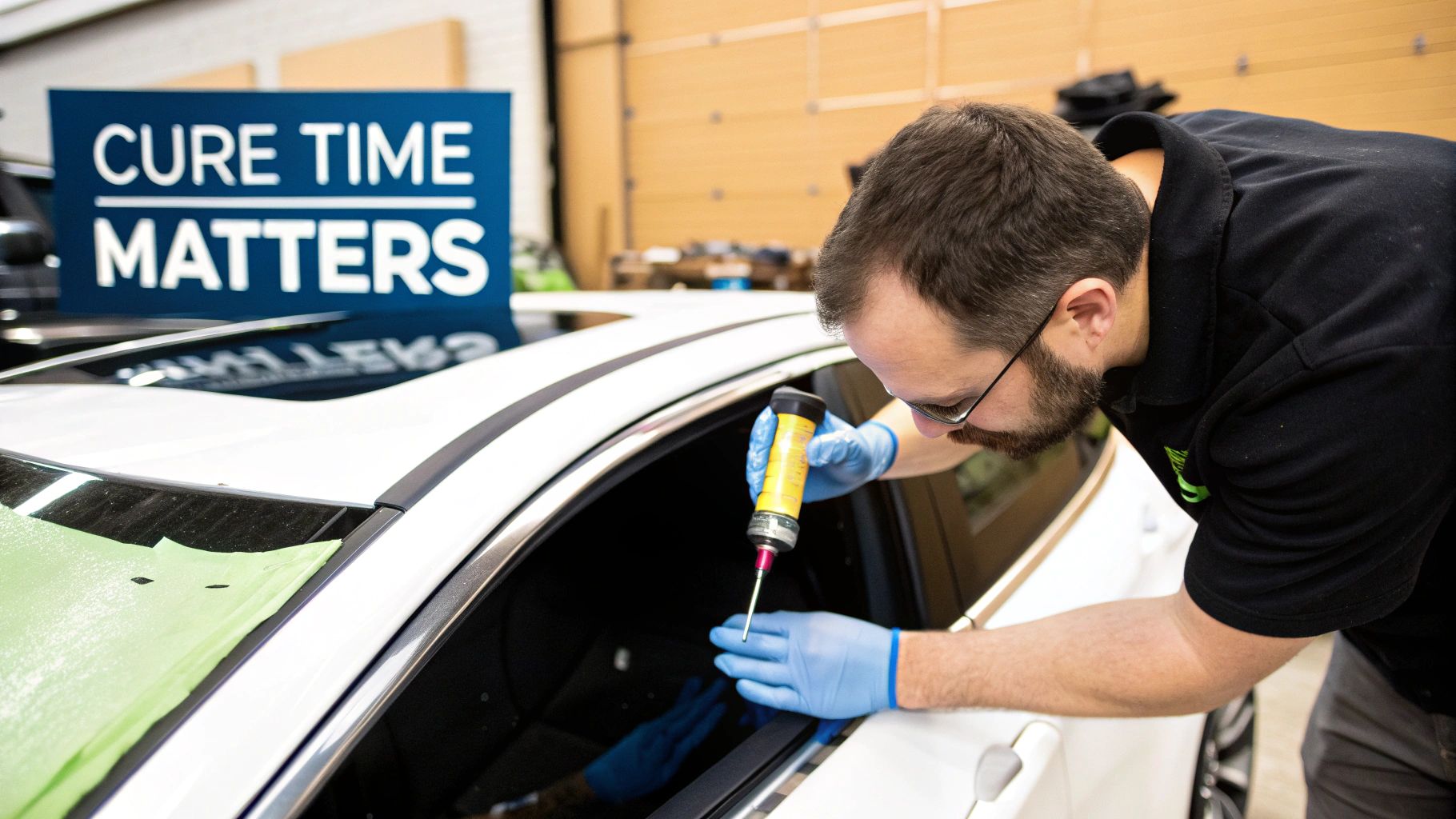A technician applying urethane adhesive to a new windshield
