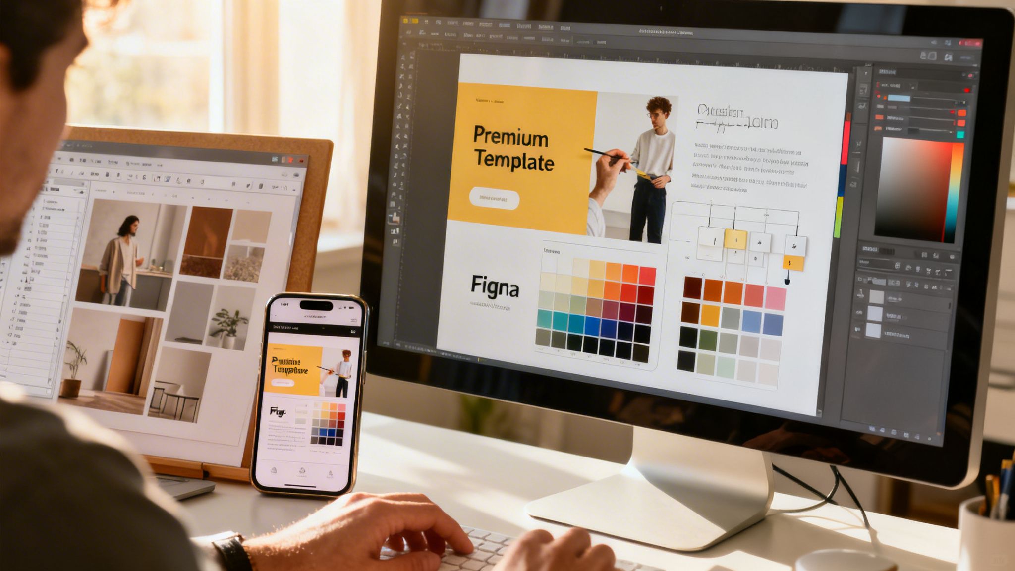 A person works on a digital design project, creating a premium website template across multiple screens.