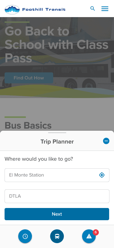 Foothilltransit.org mobile site first step for the trip planner