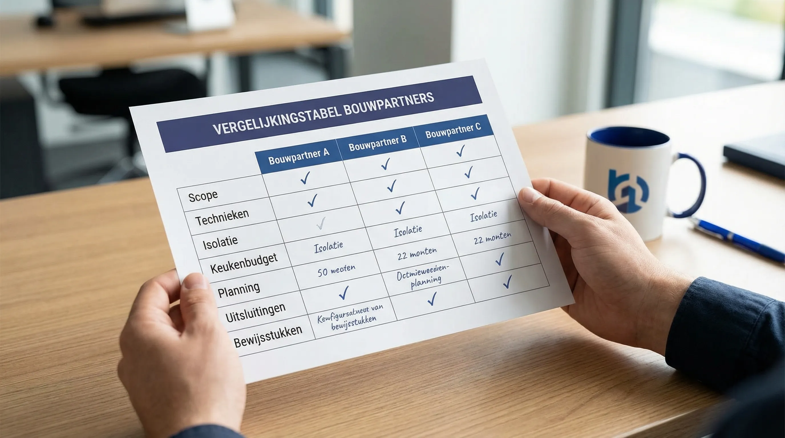 Een overzichtelijke vergelijkingstabel op papier met kolommen voor drie bouwpartners en rijen zoals scope, technieken, isolatie, keukenbudget, planning, uitsluitingen en bewijsstukken.