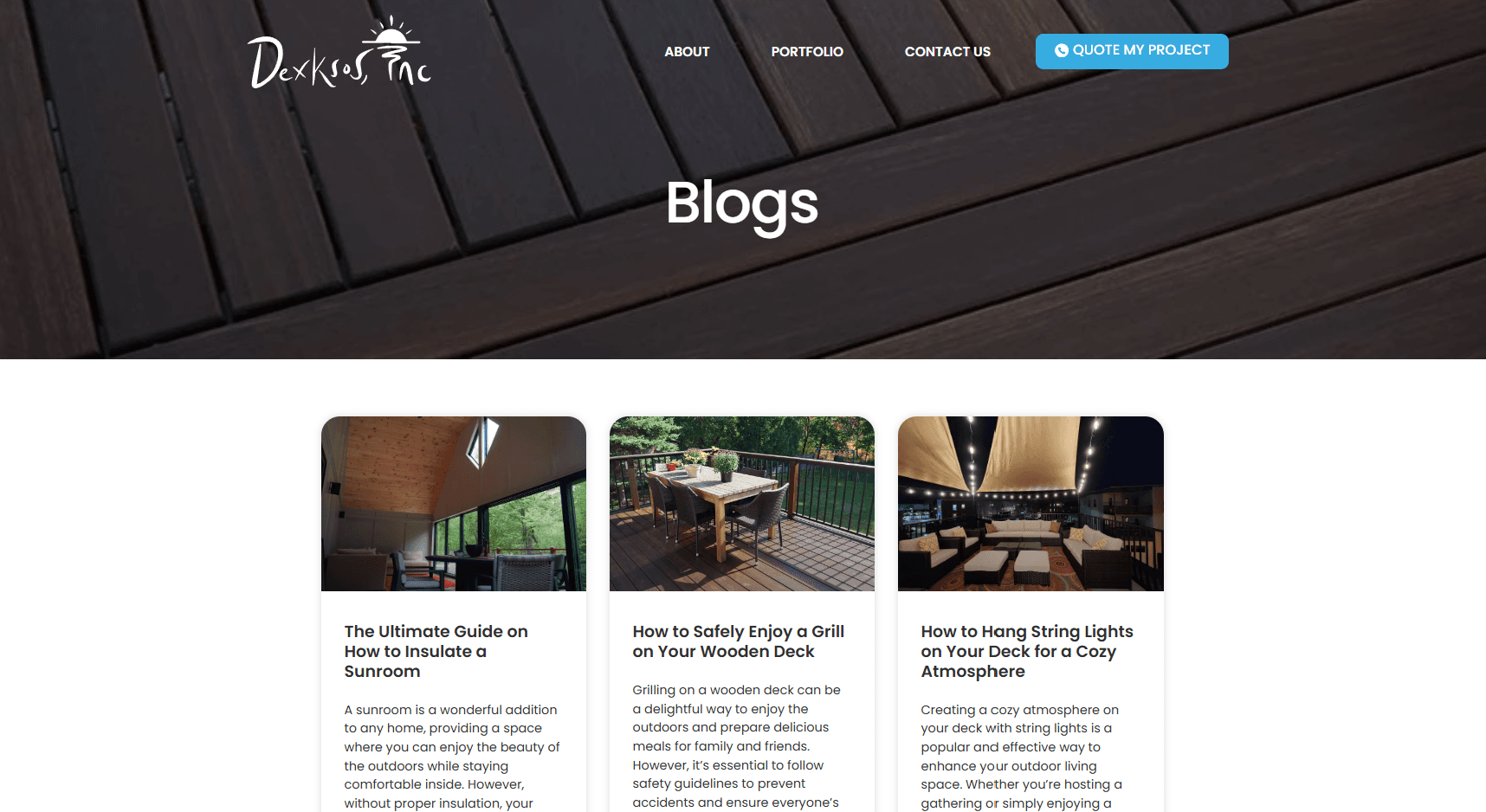 blog page on a deck builder website