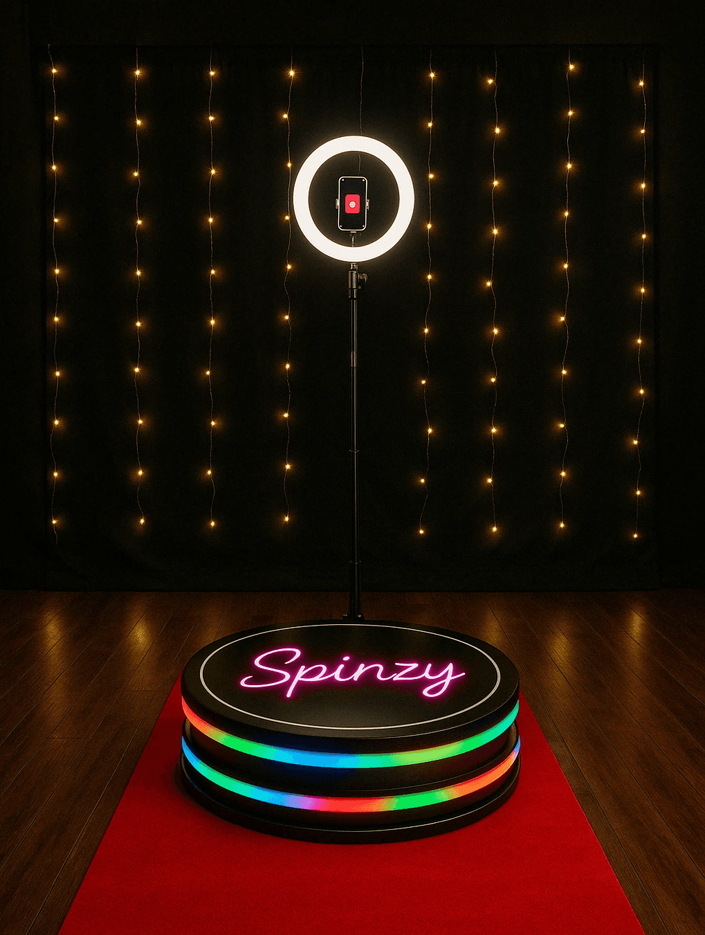 Spinzy 360 photobooth Bronze package setup with LED lighting