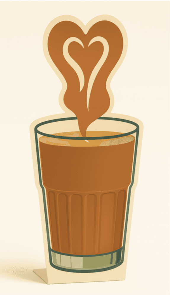 Digital prototype of a ribbed glass of chai shaped as a cardboard cut-out stand, with heart-shaped steam above the cup.