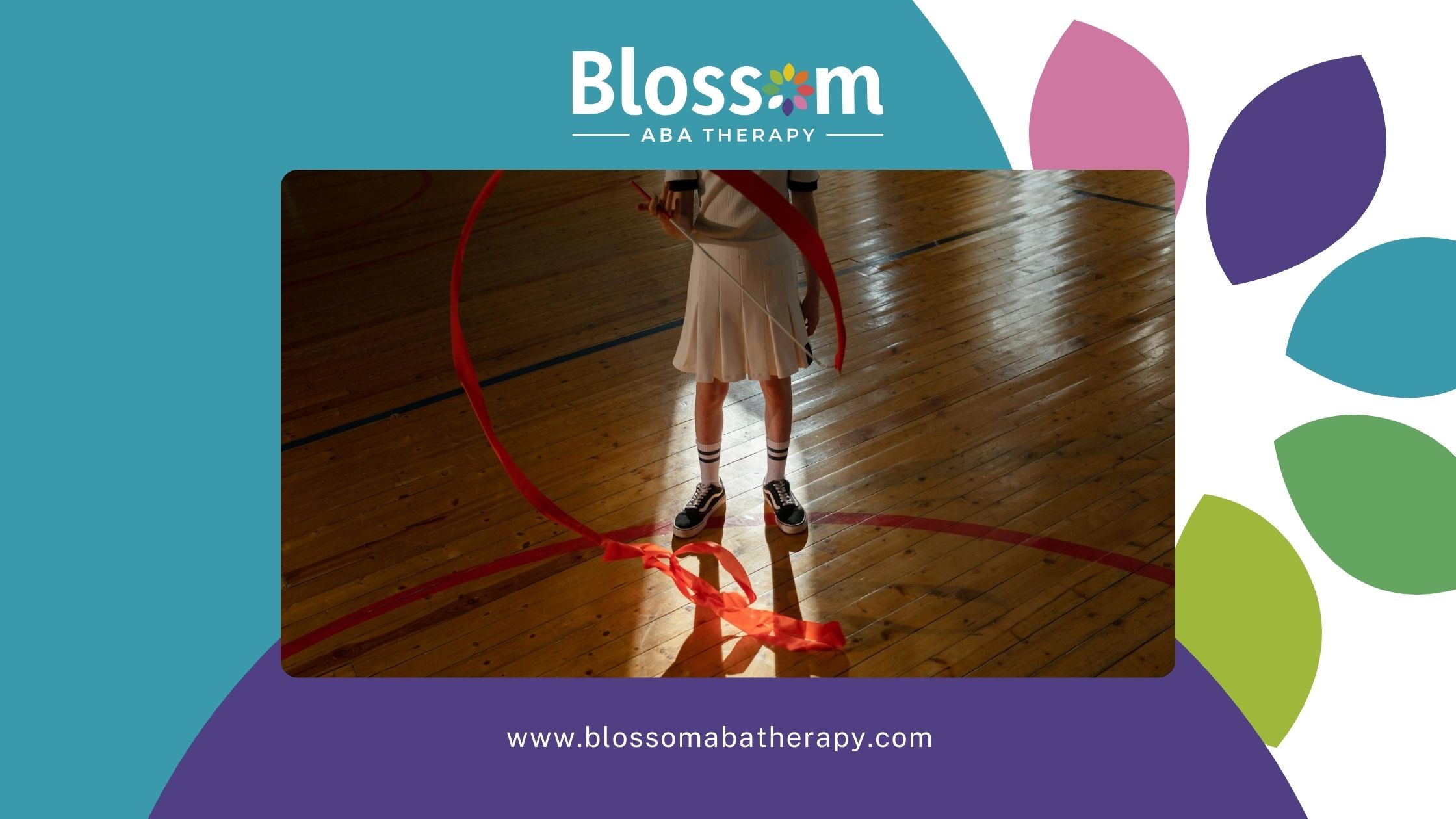 Close-up of an autistic kid's legs performing a ribbon routine on a gymnasium floor in Georgia.