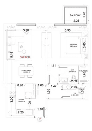 Floor plan of a 1-bedroom apartment at Vue Doree Crystal Bay, showcasing room layout and dimensions.