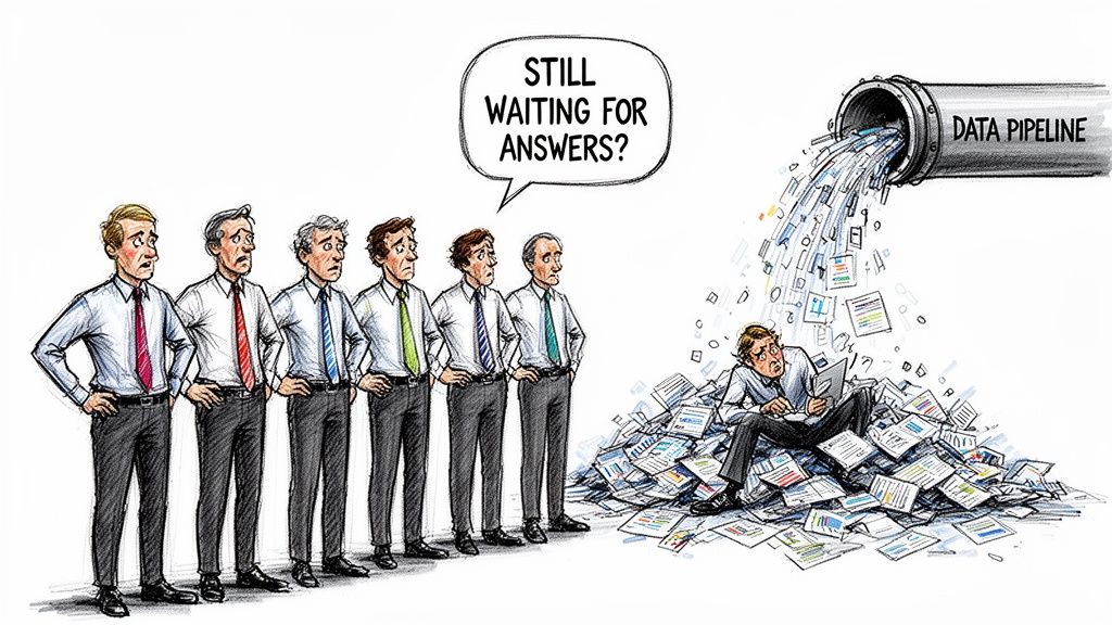 A cartoon showing a man overwhelmed by a flood of data while colleagues wait for insights.