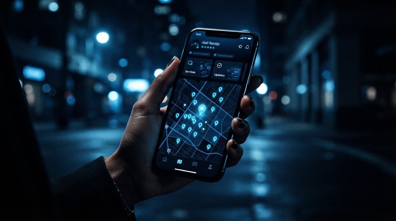 A smartphone shows a local service profile on a map with blue lighting.