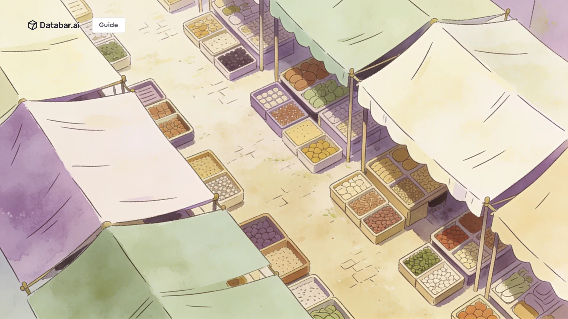 Aerial illustration of a market yard with goods laid out in measured trays — pricing enrichment services for agency clients
