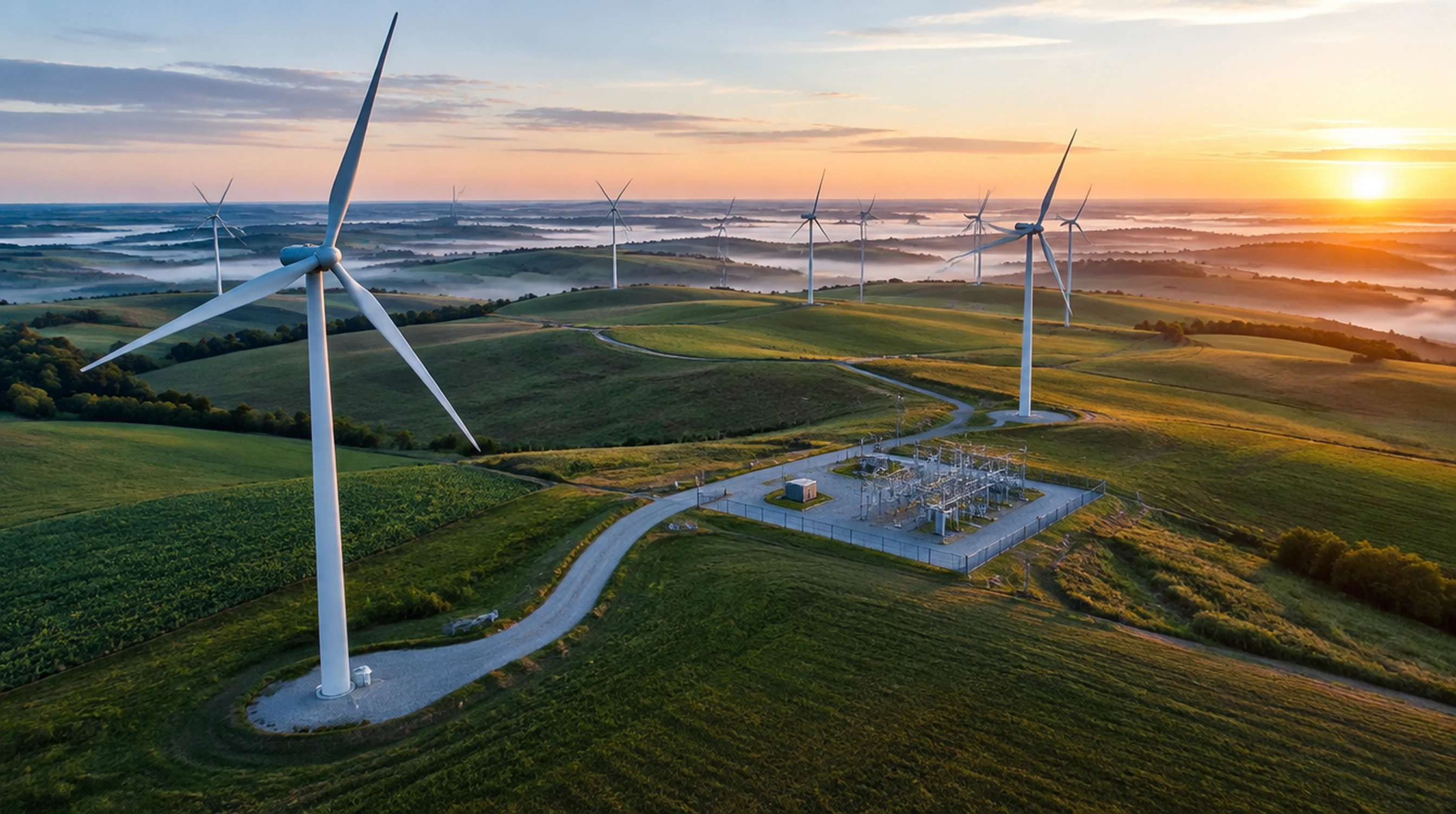 Aerial view of a wind farm and substation on rolling farmland at sunrise