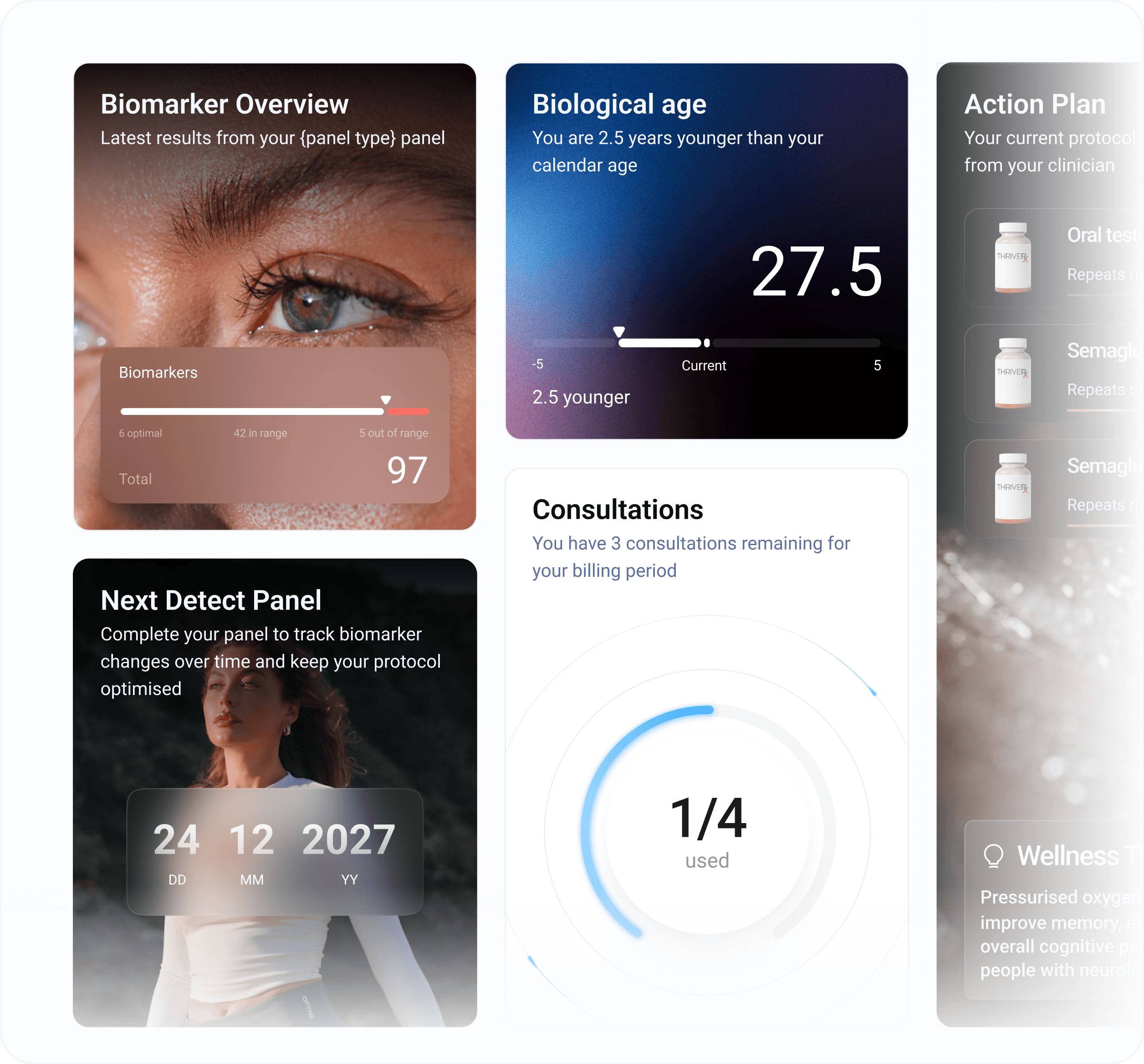 Health dashboard showing biomarker data, biological age, and action plans.