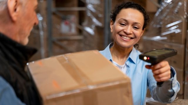 Mulher sorridente usando leitor de código de barras em caixa de papelão segurada por homem em um espaço de estoque.