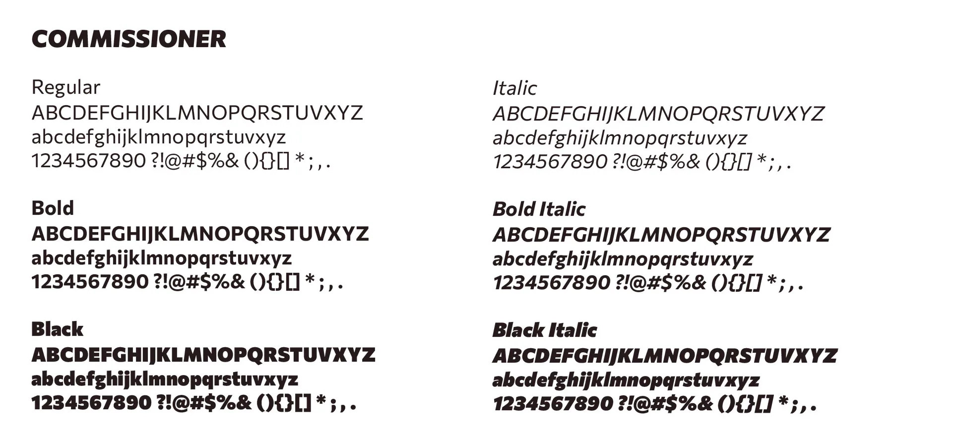 Commissioner type specimen displaying regular, bold and black weights alongside their italic versions, with uppercase and lowercase letters, numerals and punctuation.