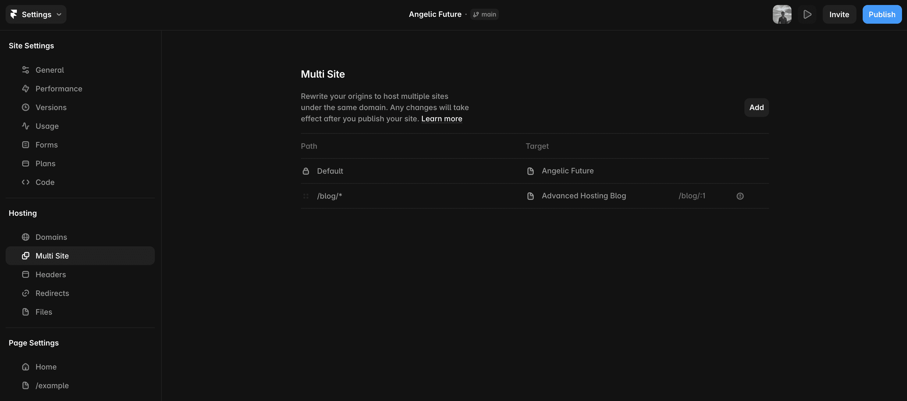 Site Settings showing the Multi Site tab with a rewrite path for the default site and blog.