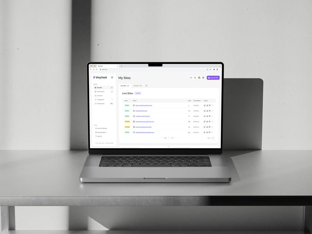 Laptop displaying a user dashboard for hosting service Tiiny Host