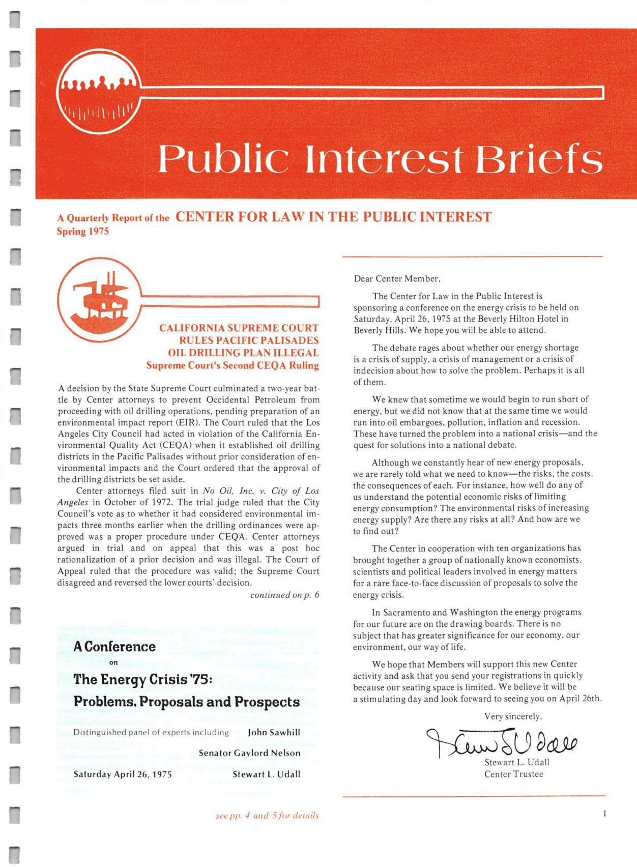 Cover of Center for Law In The Public Interest's Quarterly Report, Spring 1975 Edition Public Interest Briefs