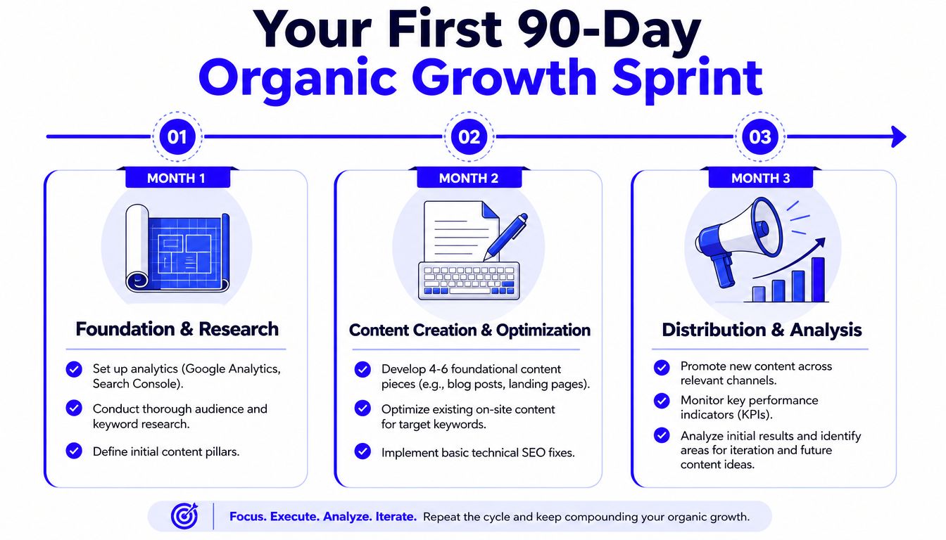 A strategic timeline infographic for a 90-day organic growth plan divided into three monthly phases.