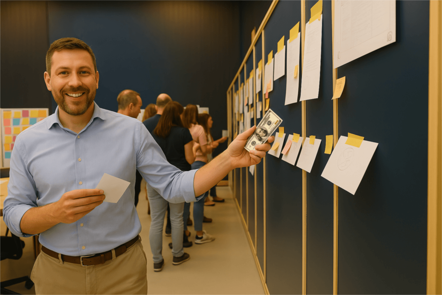 Partecipante che utilizza il metodo del 100$ Test per valutare priorità progettuali