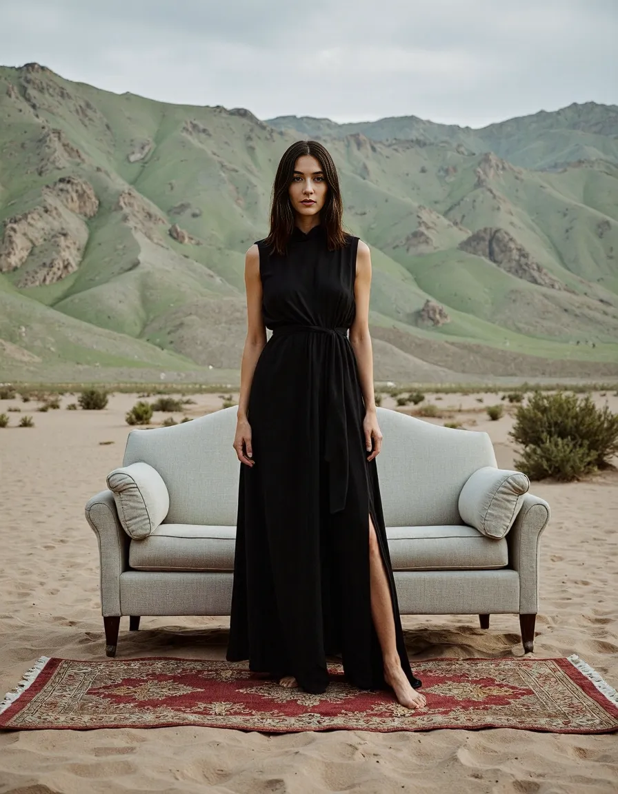 Elegant black dress contrasted against green desert mountains, with person standing on oriental rug beside light blue sofa in sandy terrain