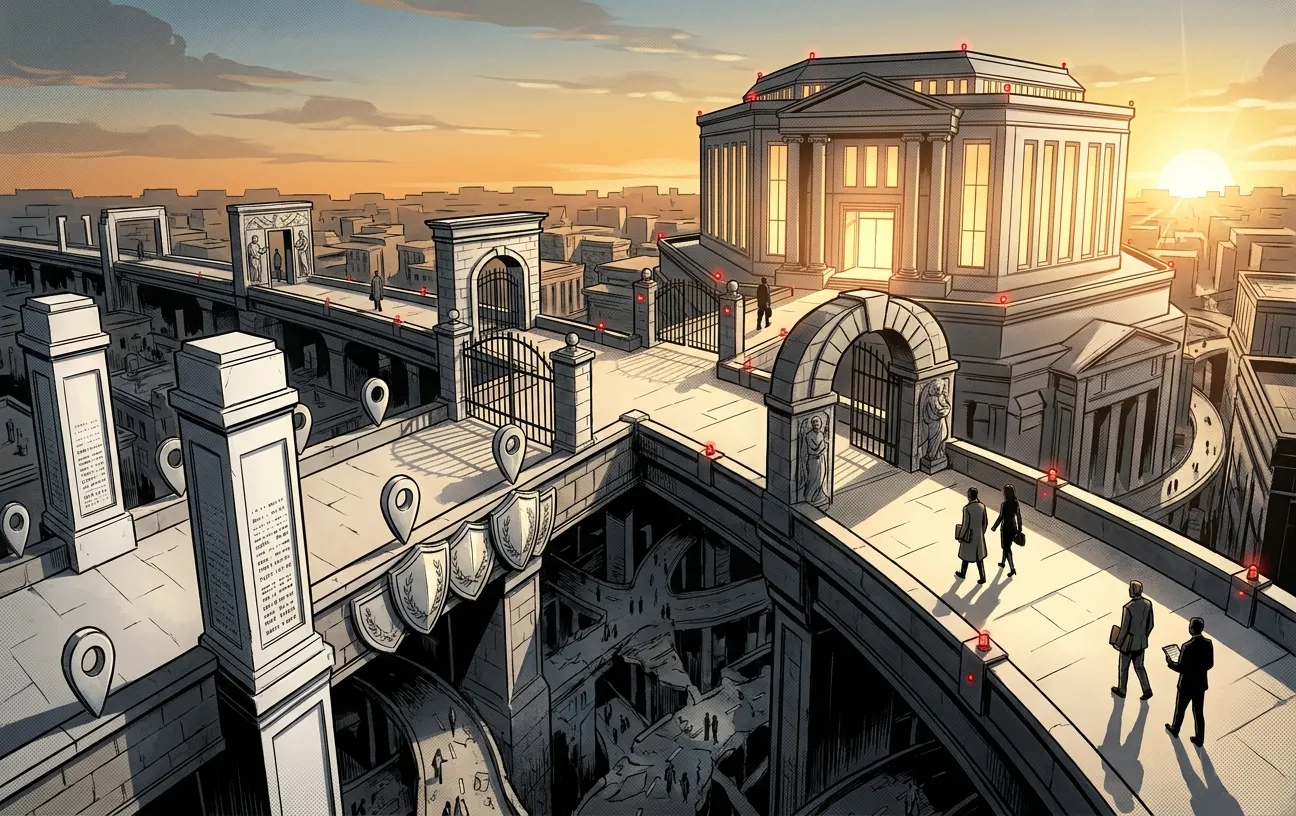 RockN' Socials' digital marketing agency in a grand, sunset-lit cityscape.