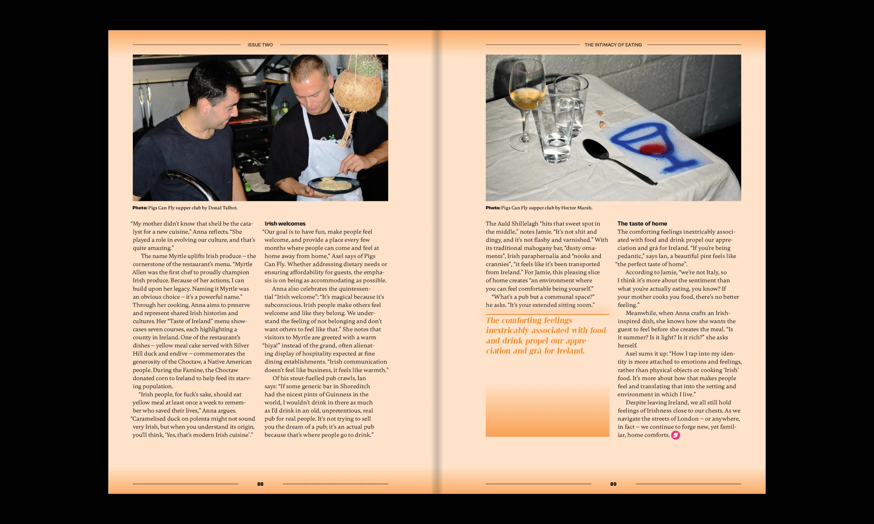 Arctile pages showing body text, pull quotes and restaurant scenes