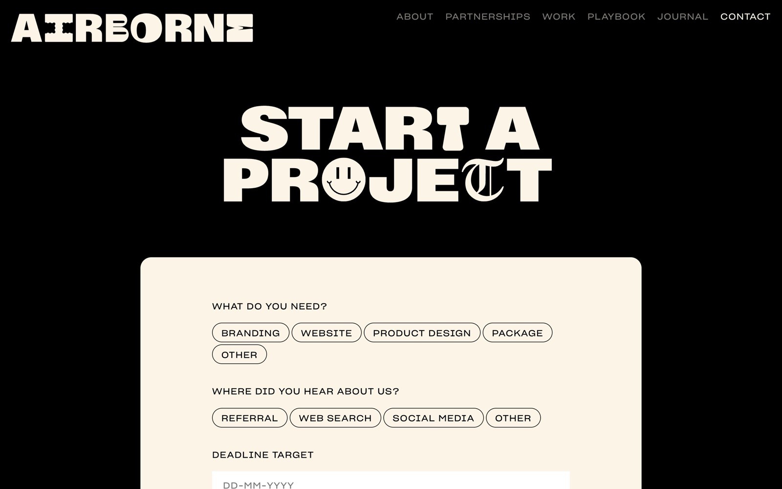 Bold "START A PROJECT" text with smiley face on black background. Company name "AIRBORNE" at top left. Form below with options and deadline.