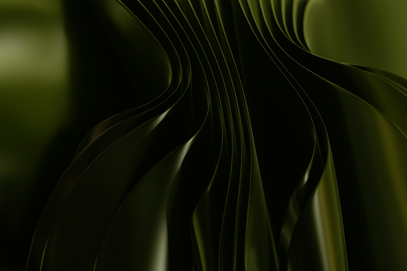 Vertical olive-green ribbons rising in a dark studio, representing actions in motion