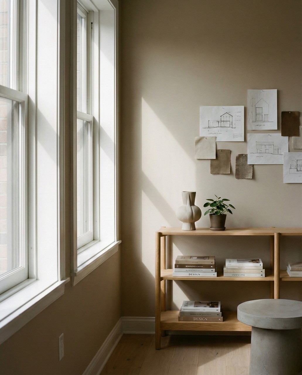 A minimalist room with soft sunlight streaming through large windows, illuminating a wooden shelf holding books, a vase, a potted plant, and sketches on the wall.