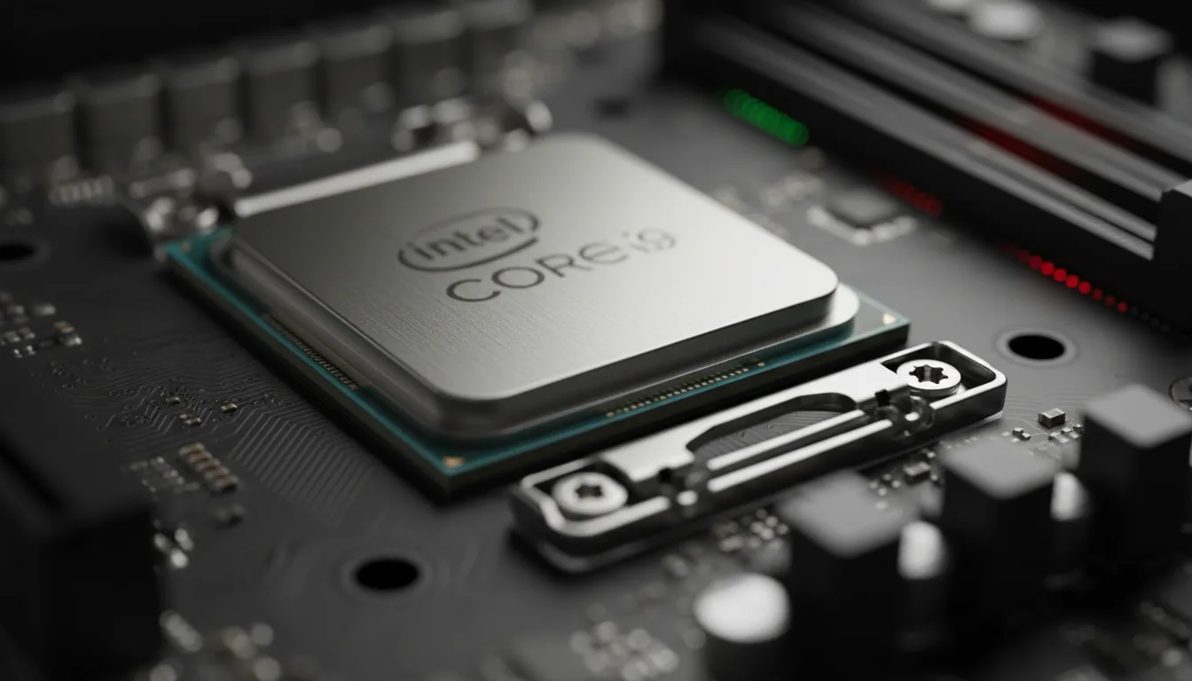 Macro DSLR photograph of an Intel Core i9 CPU installed in a modern black motherboard, viewed from a slightly elevated angle. Bright, even lighting highlights the brushed metal texture of the processor and the silver retention arm. The focus is razor-sharp on the CPU, while an extremely shallow depth of field blurs the surrounding electronic components and red slots into a soft bokeh background.