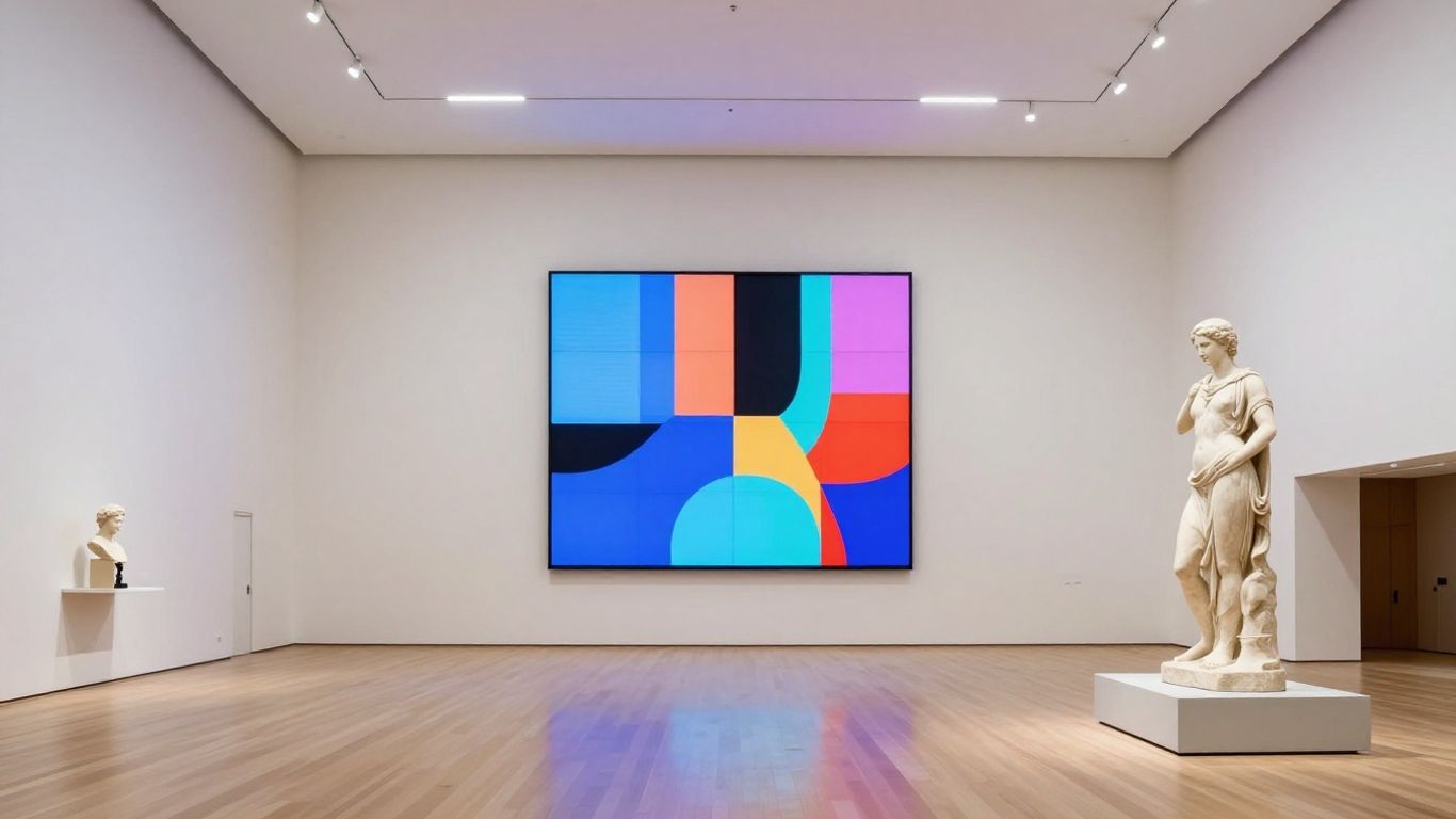 An elegant museum gallery blending classic white marble sculptures with sleek digital screens