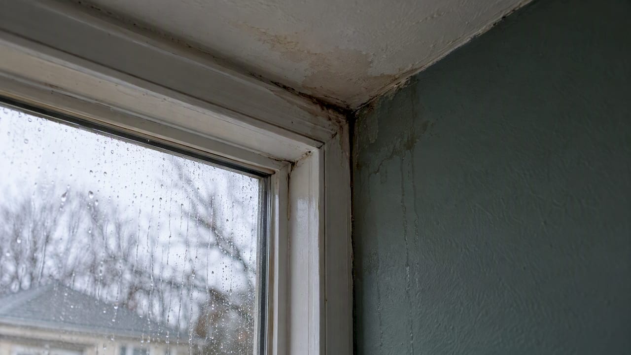 Water stain spreading from the top corner of a window