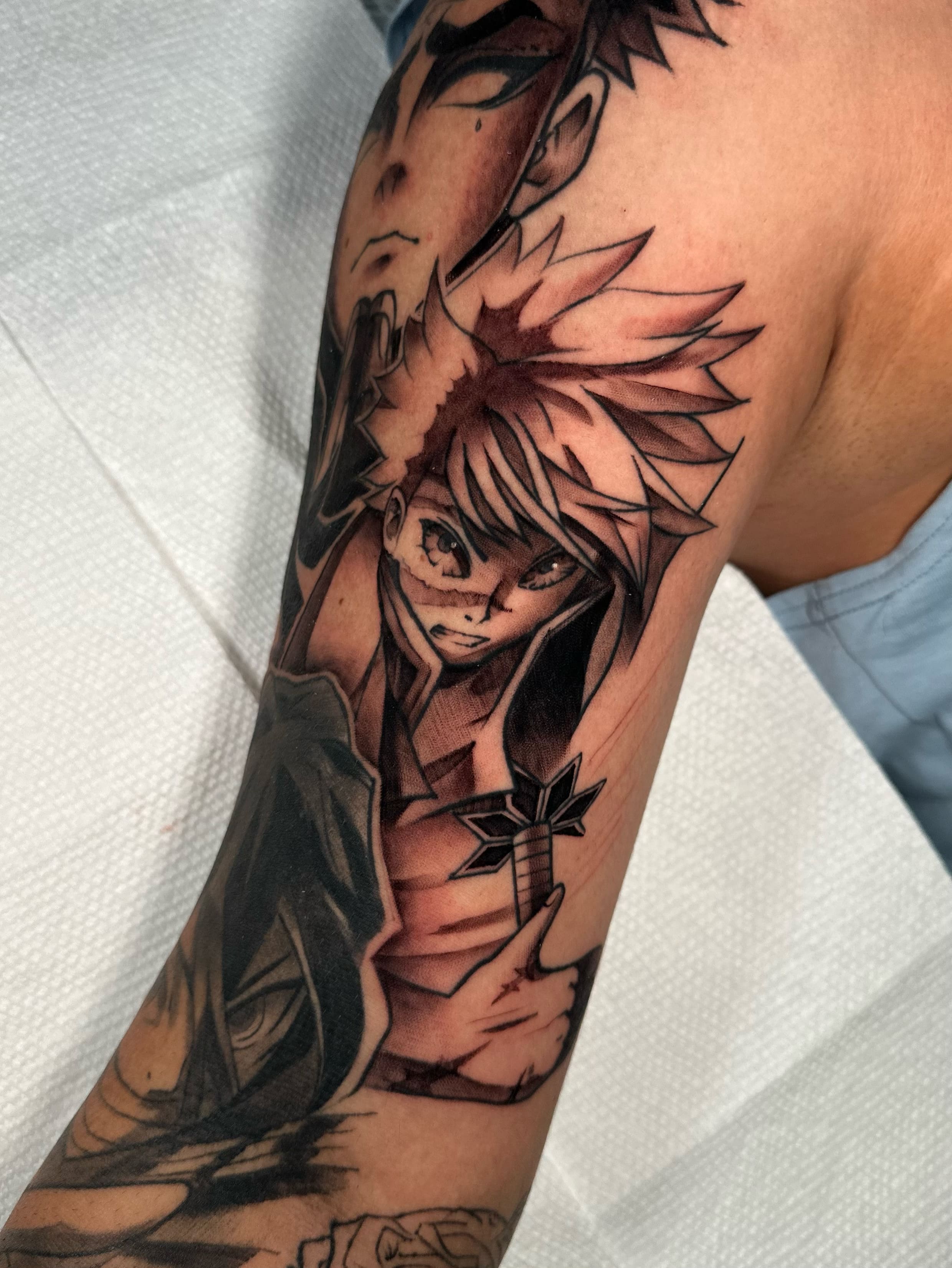 Anime Tribute: Bold Black & Grey Sleeve with Intense Expression