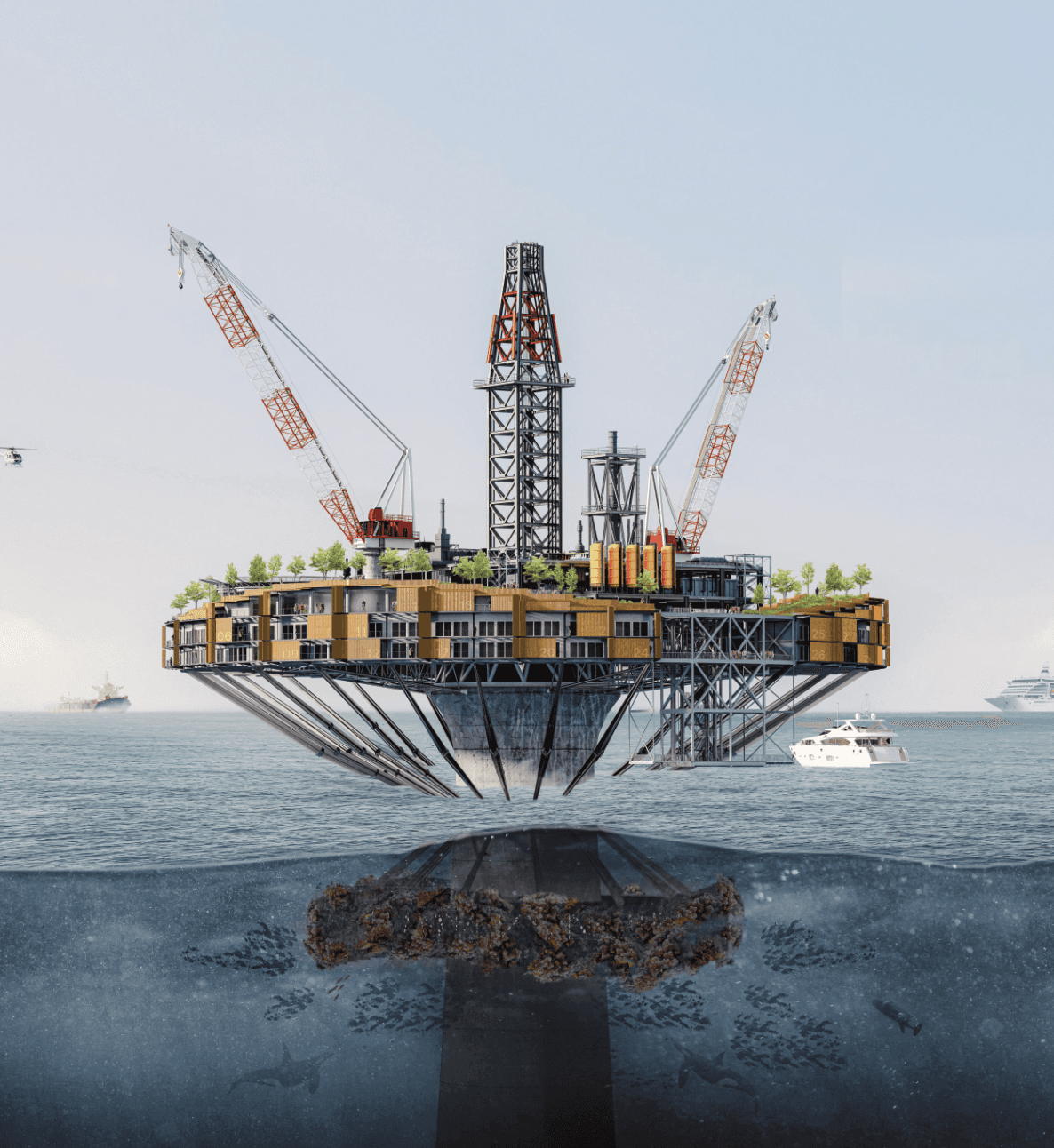 Distant exterior rendering of "Eco-Rig"