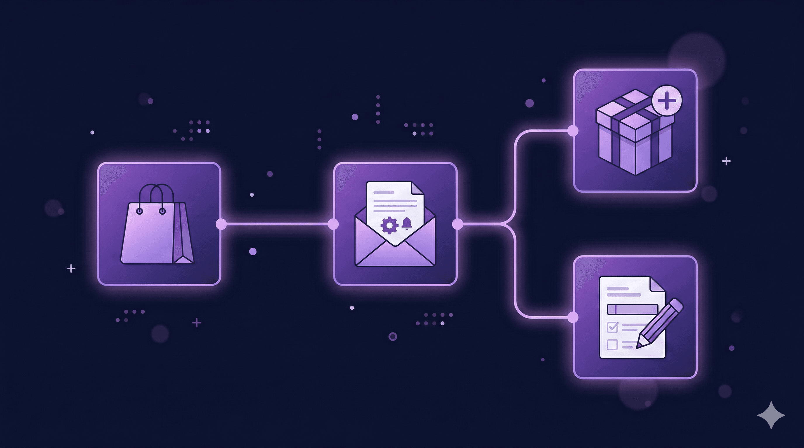A flow diagram illustration showing a trigger event (shopping bag icon) connected by arrows to an email block, then branching into two paths — one leading to an upsell icon (gift with plus sign) and another to an edit icon (pencil on order). The flow uses nodes and connectors in a clean automation-style layout. Purple gradient nodes on a dark navy background with soft glowing connection lines. Modern, geometric style. No text. 16:9 aspect ratio.