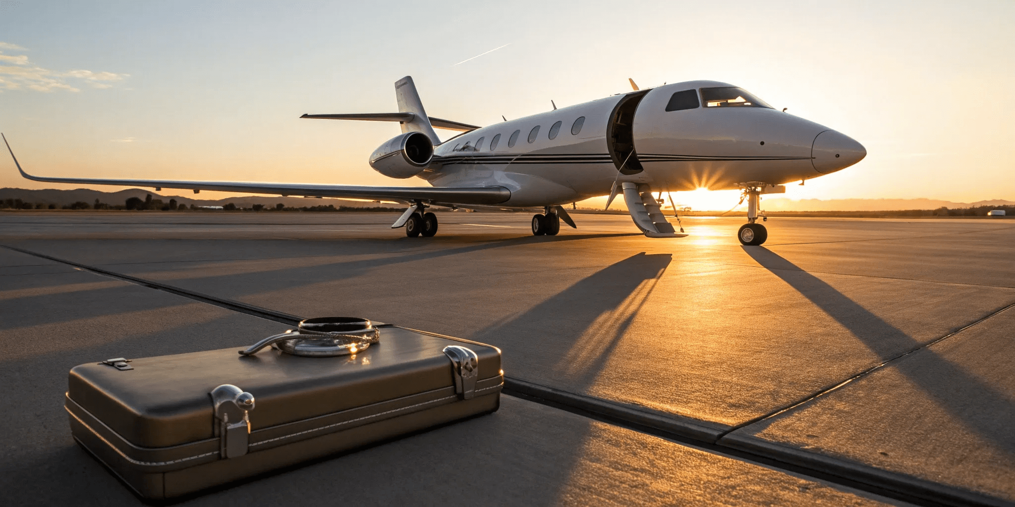 Luxury private jet parked on the runway beside a black executive car, representing premium private aviation and seamless travel service.