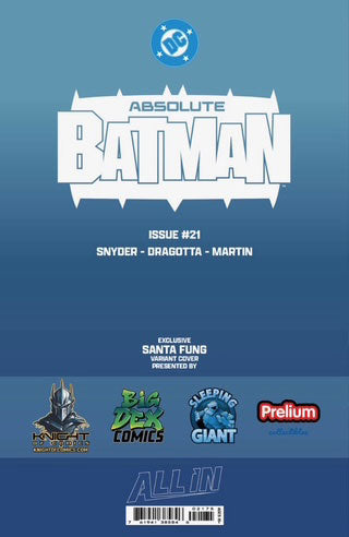 Back cover of Absolute Batman #21 SANTA FUNG Exclusive Foil Virgin Variant comic book.