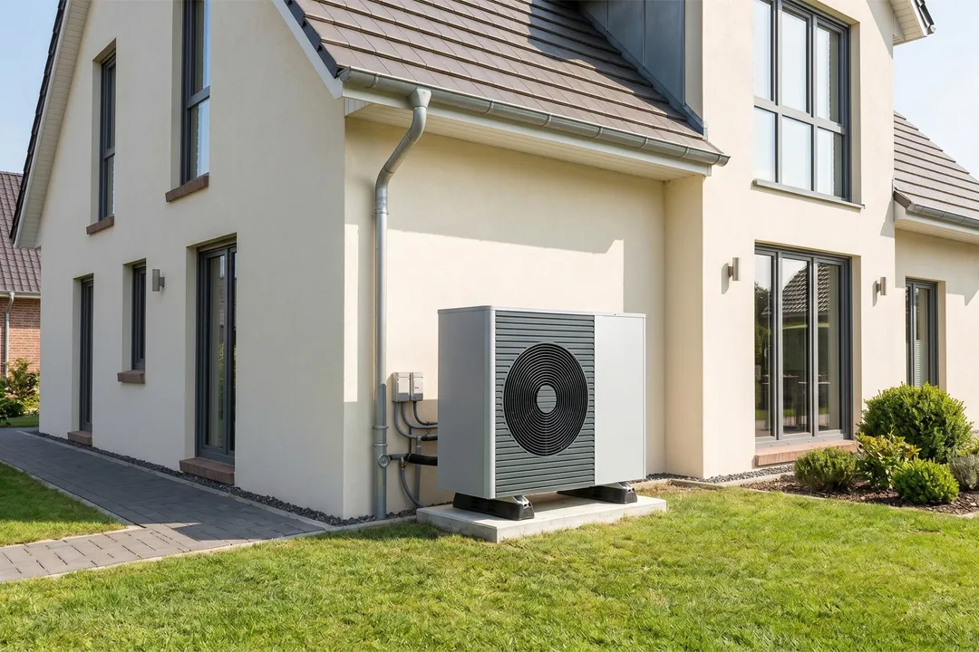Außeneinheit einer Luft-Wasser-Wärmepumpe neben einem modernen Einfamilienhaus.