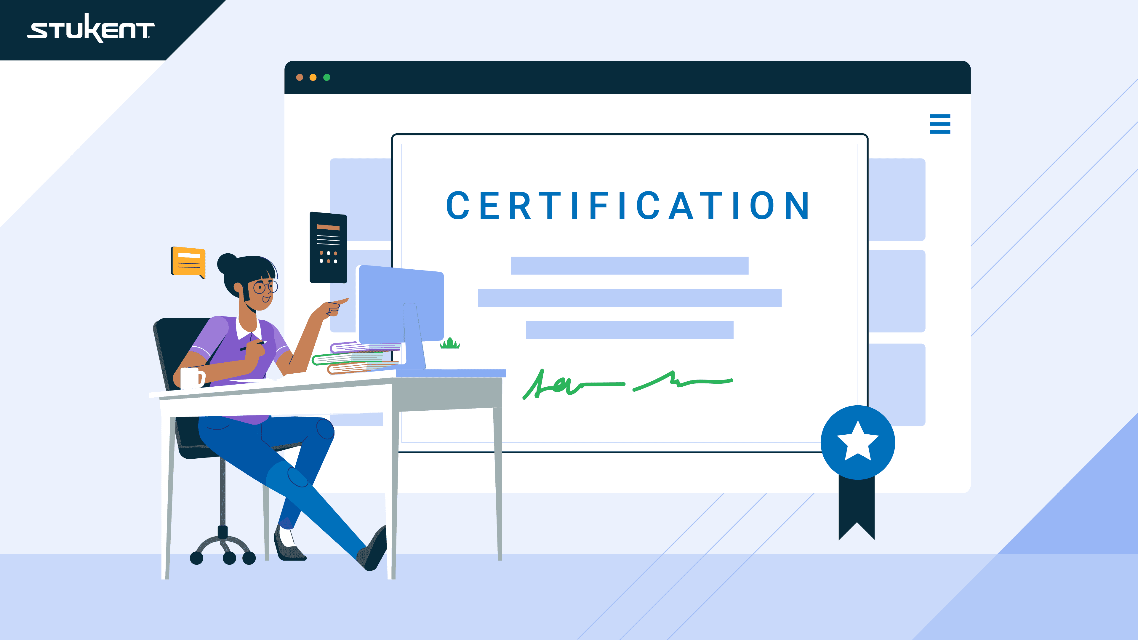 Annimated graphic of woman working at a desk, earning a certifcation