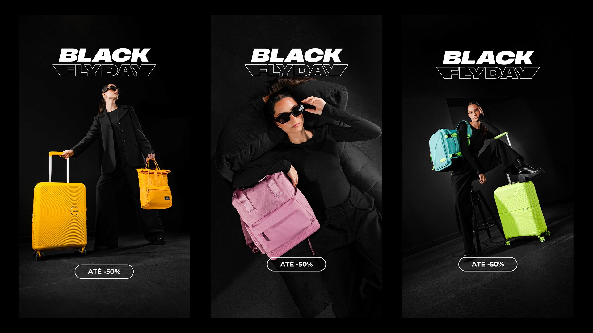 Three American Tourister Black Flyday Instagram stories with yellow, pink and green luggage on black