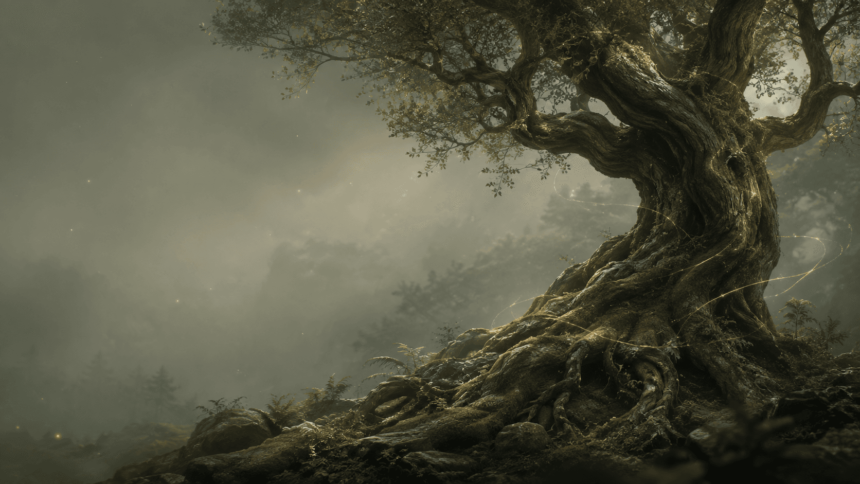 Ancient tree at the edge of a misty valley