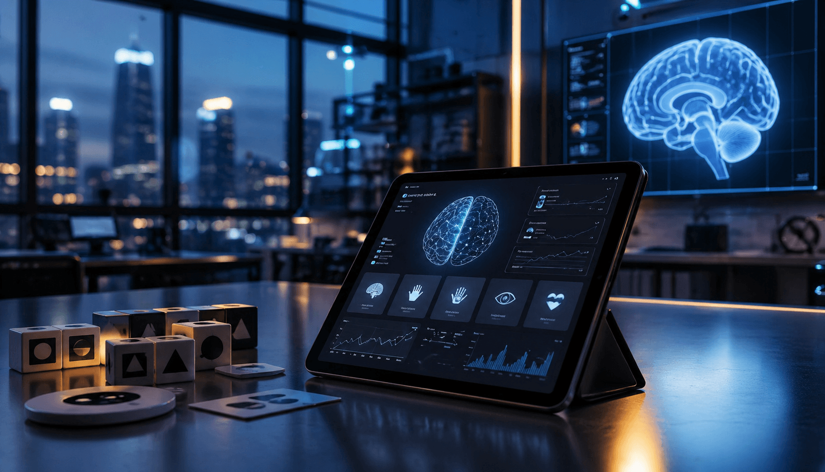 A modern, dimly lit office with a focus on a tablet displaying digital brain scans, surrounded by futuristic technology, set against a backdrop of a nighttime cityscape and glowing screens showcasing neural graphics, symbolizing advanced technology and innovation.