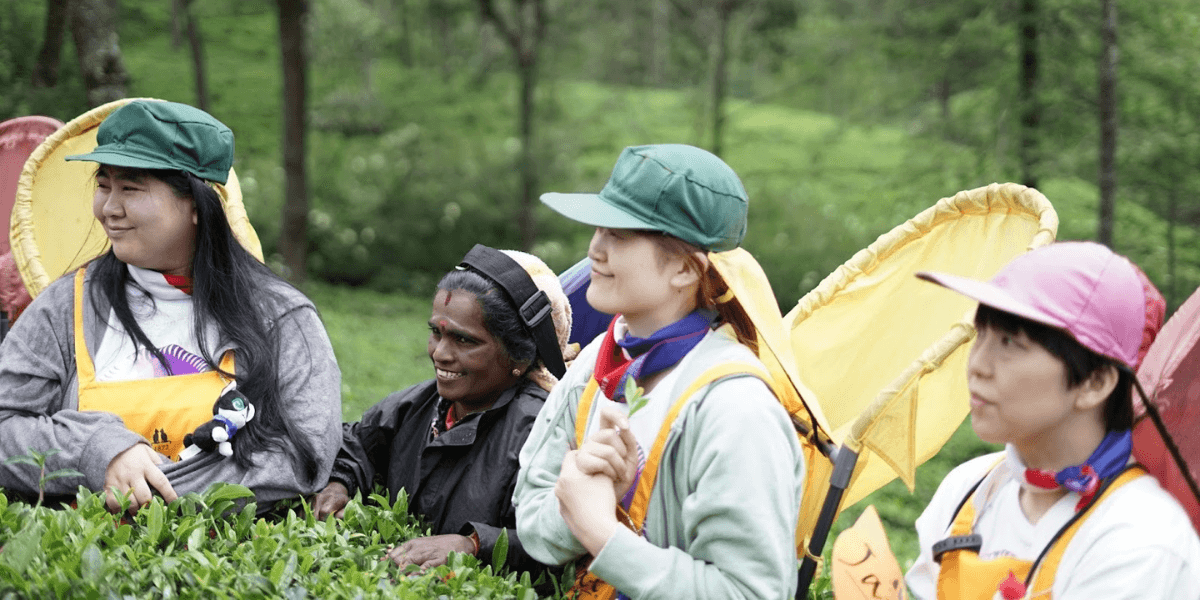 "Women in Sri Lanka harvesting tea using microbiome-based farming techniques, with a focus on sustainability."