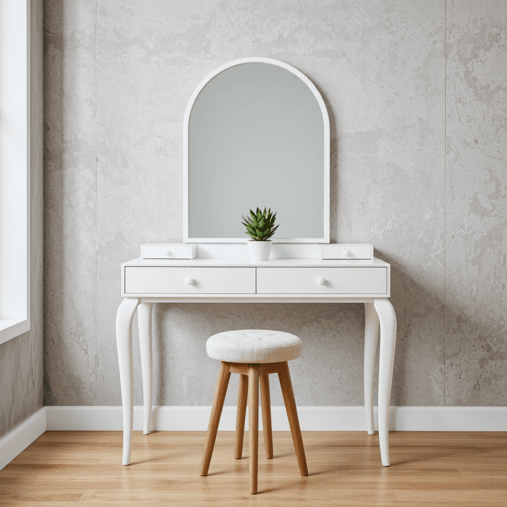 product photography of a vanity table with a mirror and storage drawers