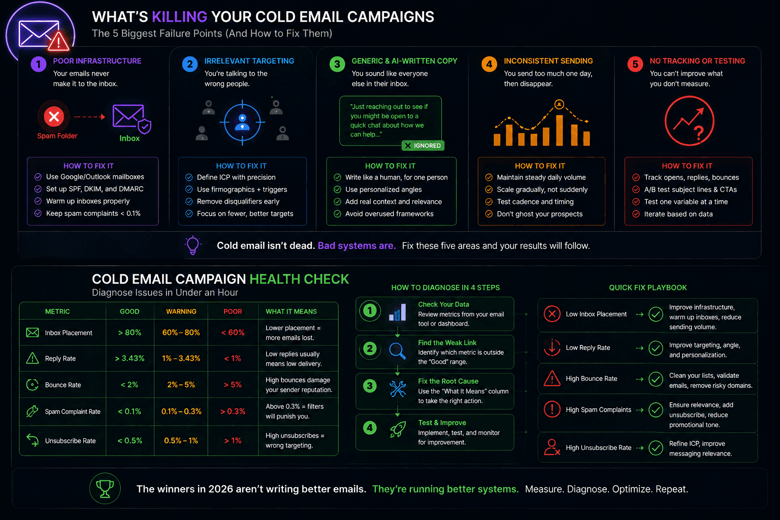 Cold email campaign infographic showing five outreach failures, email deliverability fixes, and campaign health metrics.
