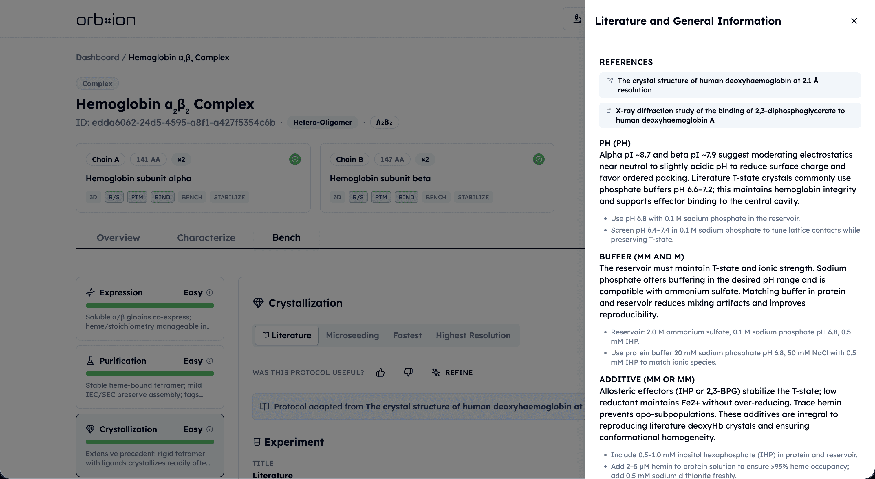 Orbion Platform's Bench Screen Showing an Expression Protocol for Hemoglobin A2B2 Complex