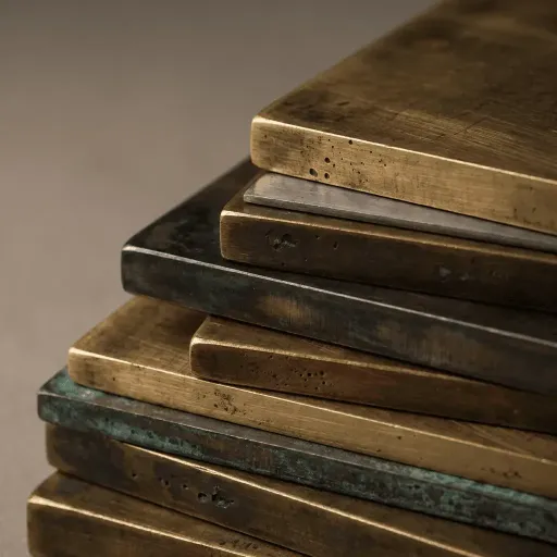 Stacked textured metal sheets: gold, copper, and dark metal finishes.